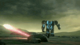a robot is standing in the middle of a field with a red light coming out of it 's mouth .