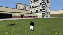 a cartoon character is standing in a grassy field in front of a building with the number 100 on it