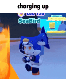 a cartoon character is charging up in front of a spongebob game