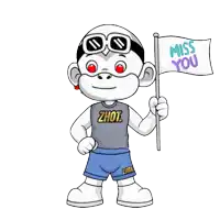 a cartoon monkey is holding a flag that says miss you