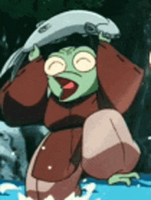 a frog is holding a fish over his head in a cartoon .
