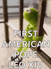 kermit the frog is sitting on a railing looking out a window and holding onto a metal pole .