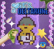 a pixel art of a baby and the words it 's a deltarun