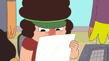 a cartoon character wearing a green hat looks at a piece of paper