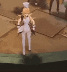 a girl in a white dress and white tights is walking on a tiled floor .