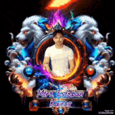 a man in a white shirt is surrounded by two lions and a banner that says mira esteban kairos
