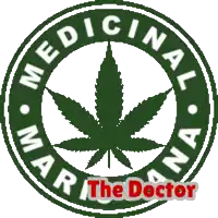 a green marijuana leaf in a purple circle with the words medicinal the doctor
