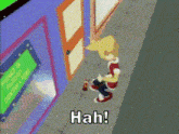 a cartoon character says ' hah ' in front of a building