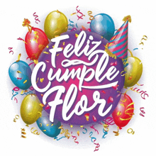 a purple circle with the words feliz cumple flor surrounded by colorful balloons