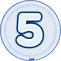 a blue and white circle with the number 5 in it