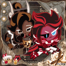 a couple of cartoon characters are sitting next to each other and one is drinking from a cup