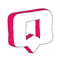 a pink and white speech bubble with a bookmark icon inside of it .