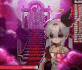 a screenshot of a video game with a girl holding a bottle in front of a staircase