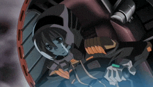 a girl in a space suit is crying in a spaceship
