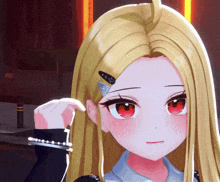 a girl with blonde hair and red eyes is wearing a black shirt