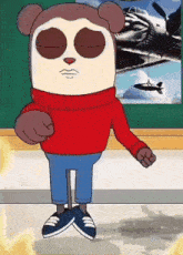 a cartoon bear wearing a red sweater and blue pants