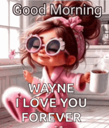 a little girl wearing sunglasses and a robe is holding a cup of coffee and a flower .
