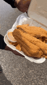a person is holding a styrofoam container of fish and french fries