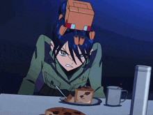 a cartoon character with a box on her head looks at a piece of cake