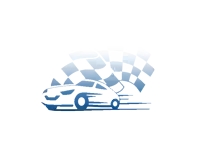 a blue and white checkered flag is behind a race car