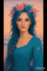 a painting of a woman with blue hair and a flower crown