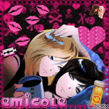 a picture of two girls laying next to each other with the name emicole on the bottom right