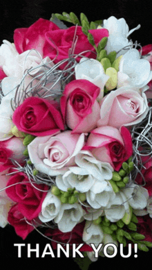 a bouquet of pink and white roses with a thank you message