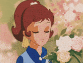 a cartoon girl smelling a bouquet of roses