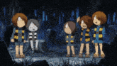 a group of cartoon characters are standing in a cave
