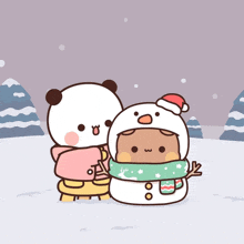 a cartoon drawing of a panda and a snowman