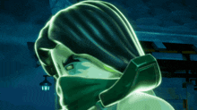 a cartoon character with a mask on his face is glowing green