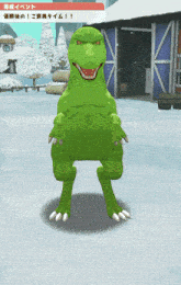 a green dinosaur is standing in front of a building in a snowy area