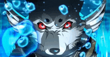 a wolf with red eyes is surrounded by bubbles