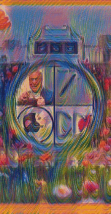 a colorful painting of a man in a mask looking through a magnifying glass