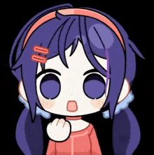 a cartoon girl with purple hair and a headband is making a funny face .