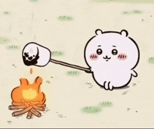 a cartoon bear is roasting marshmallows over a fire