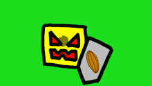 a drawing of a yellow square with an angry face and a shield with a ball on it