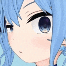 a close up of a anime girl 's face with blue hair