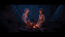elsa and anna are sitting around a campfire