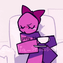 a cartoon character is sitting in a chair holding a cup of coffee and a book .