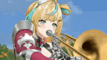 a anime girl is playing a trumpet in a video game .