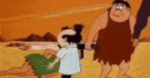 a cartoon of a caveman holding a woman in his arms and a man holding a gun .