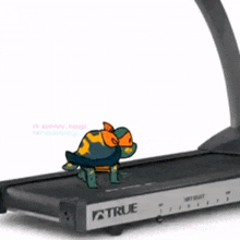 a cartoon character is on a treadmill that says true on it