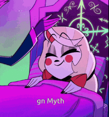 a cartoon character is laying in a bed with the words gn myth written on the bottom