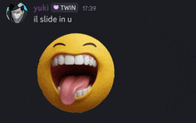 a yellow smiley face with a pink tongue sticking out and the words yuki twin below it