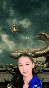 a woman is standing in front of a dragon with chinese writing in the background