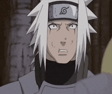 a naruto character with white hair and a headband with the letter l on it