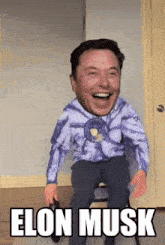 a man in a tie dye shirt is sitting on a chair with the words elon musk written below him .