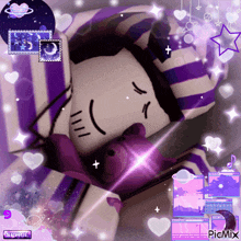 a purple and white striped blanket with a smiley face and a space button