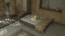 a video game character sitting on a bed with the words good morning chat below her